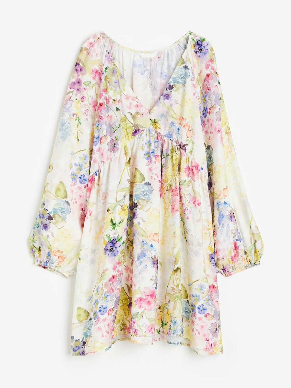 H&M White Watercolor Floral Long-Sleeve Dress